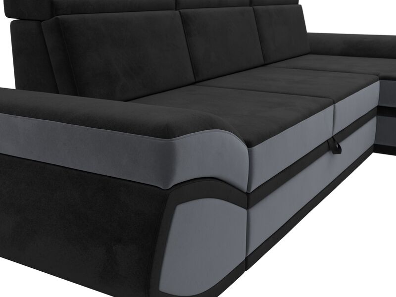 Диван угловой Лига-032 правый угол, Велюр, Seven 35 черный;Seven 17 серый