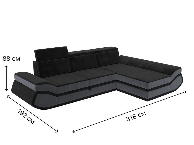 Диван угловой Лига-032 правый угол, Велюр, Seven 35 черный;Seven 17 серый