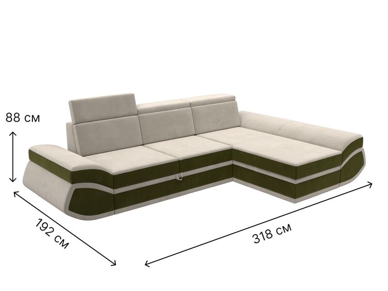 Диван угловой Лига-032 правый угол, Микровельвет, Бежевый;Зеленый