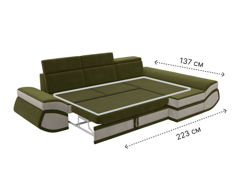 Диван угловой Лига-032 правый угол, Микровельвет, Зеленый;Бежевый