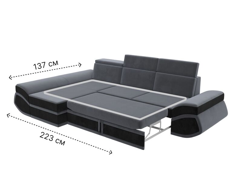 Диван угловой Лига-032 левый угол, Велюр, Seven 17 серый;Seven 35 черный