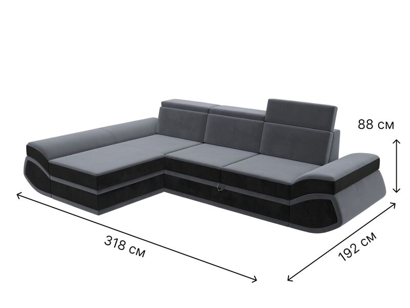 Диван угловой Лига-032 левый угол, Велюр, Seven 17 серый;Seven 35 черный