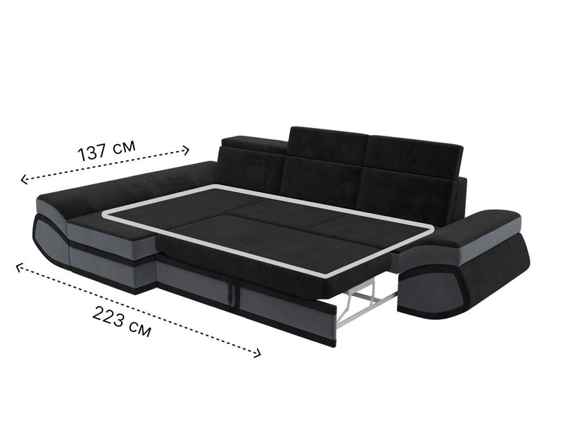 Диван угловой Лига-032 левый угол, Велюр, Seven 35 черный;Seven 17 серый