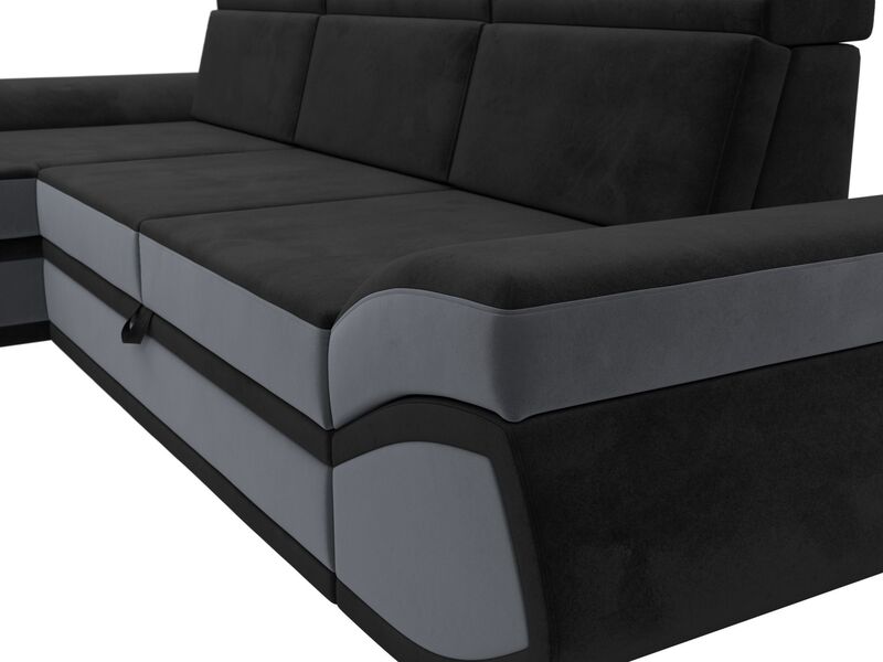 Диван угловой Лига-032 левый угол, Велюр, Seven 35 черный;Seven 17 серый