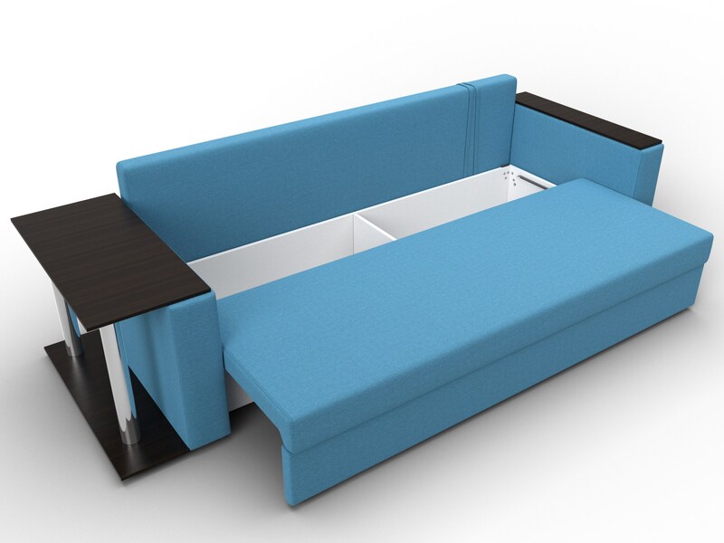 Диван прямой Атланта со столом слева, Рогожка, Амур 10 голубой