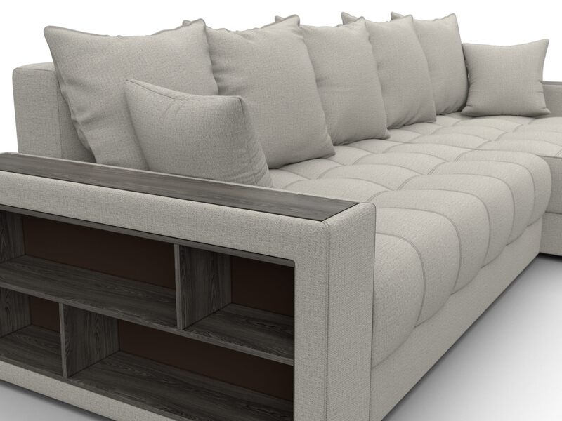 Диван угловой с декором и полкой Лига-050 НПБ, Рогожка, Амур 02 бежевый