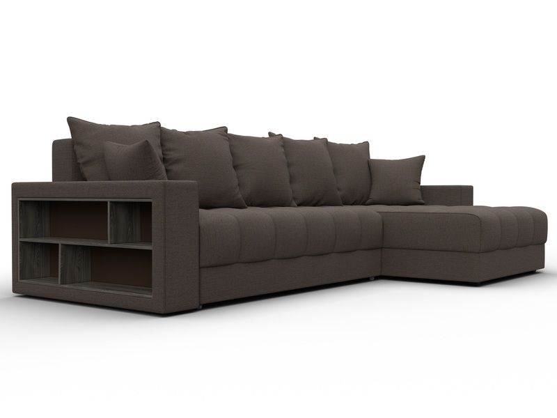 Диван угловой с декором и полкой Лига-050 НПБ, Рогожка, Амур 05 коричневый