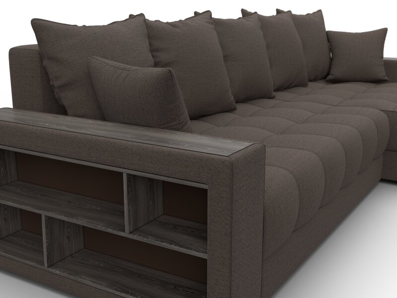 Диван угловой с декором и полкой Лига-050 НПБ, Рогожка, Амур 05 коричневый