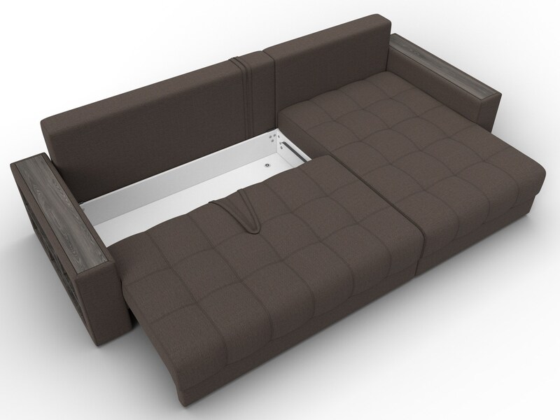 Диван угловой с декором и полкой Лига-050 НПБ, Рогожка, Амур 05 коричневый