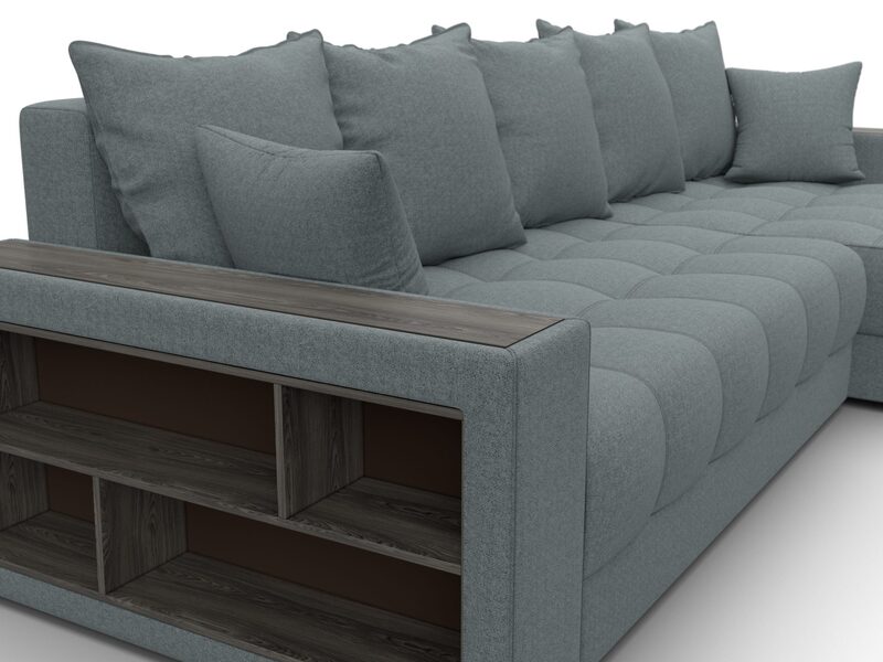 Диван угловой с декором и полкой Лига-050 НПБ, Рогожка, Амур 07 серый