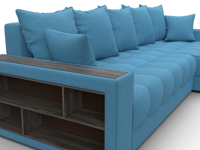 Диван угловой с декором и полкой Лига-050 НПБ, Рогожка, Амур 10 голубой