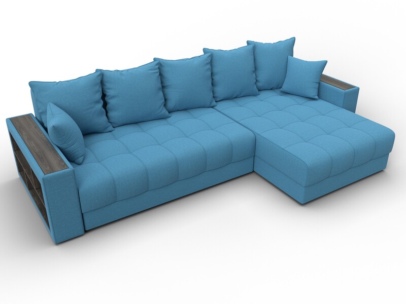 Диван угловой с декором и полкой Лига-050 НПБ, Рогожка, Амур 10 голубой