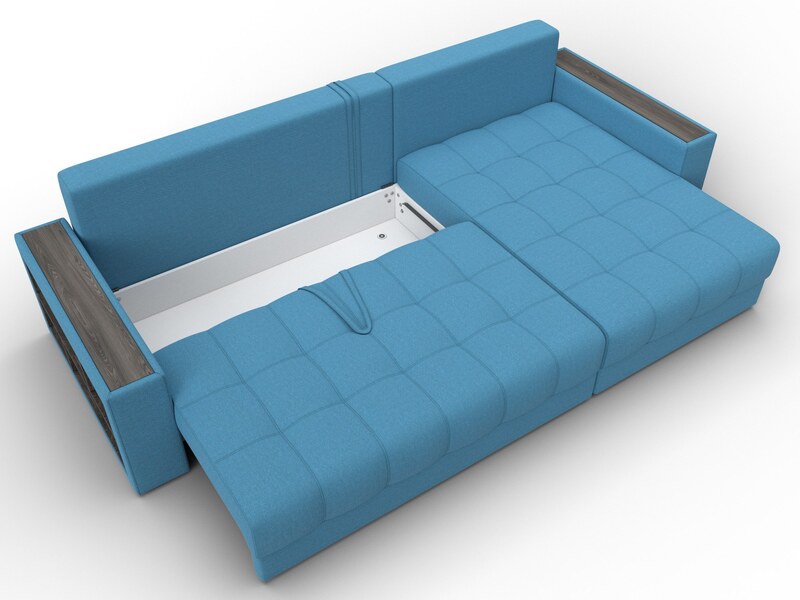 Диван угловой с декором и полкой Лига-050 НПБ, Рогожка, Амур 10 голубой