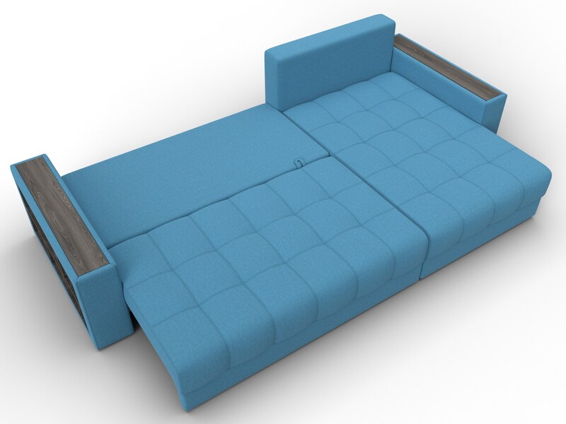 Диван угловой с декором и полкой Лига-050 НПБ, Рогожка, Амур 10 голубой