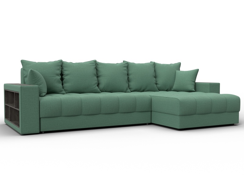 Диван угловой с декором и полкой Лига-050 НПБ, Рогожка, Амур 11 зеленый