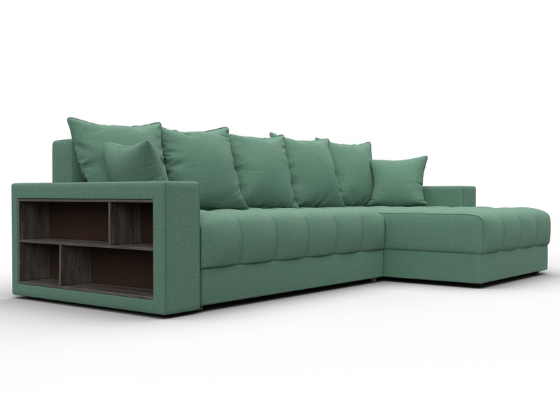 Диван угловой с декором и полкой Лига-050 НПБ, Рогожка, Амур 11 зеленый