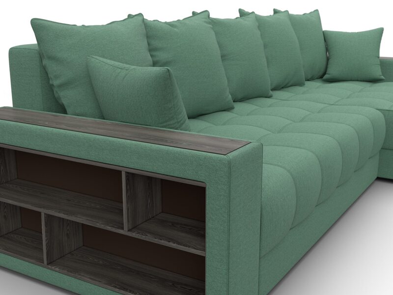 Диван угловой с декором и полкой Лига-050 НПБ, Рогожка, Амур 11 зеленый