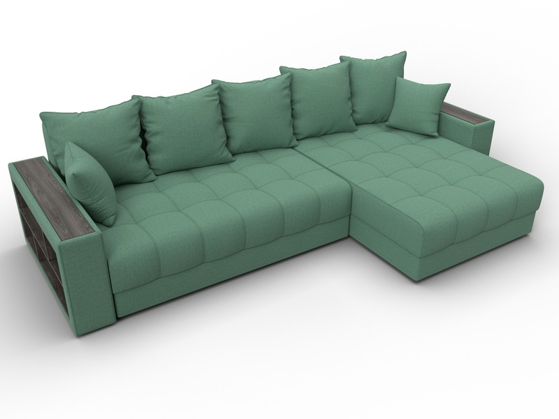 Диван угловой с декором и полкой Лига-050 НПБ, Рогожка, Амур 11 зеленый