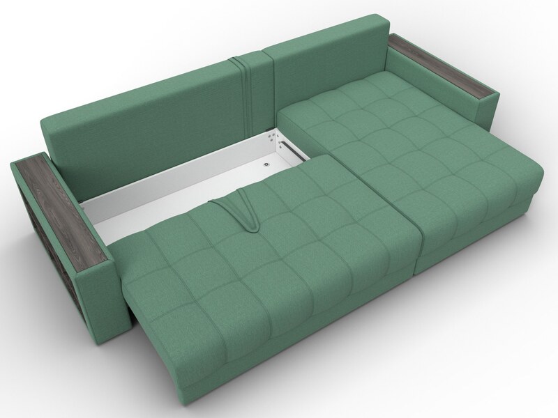 Диван угловой с декором и полкой Лига-050 НПБ, Рогожка, Амур 11 зеленый