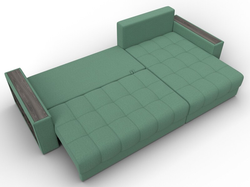 Диван угловой с декором и полкой Лига-050 НПБ, Рогожка, Амур 11 зеленый