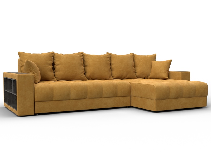 Диван угловой с декором и полкой Лига-050 НПБ, Велюр, BRUT 10 желтый