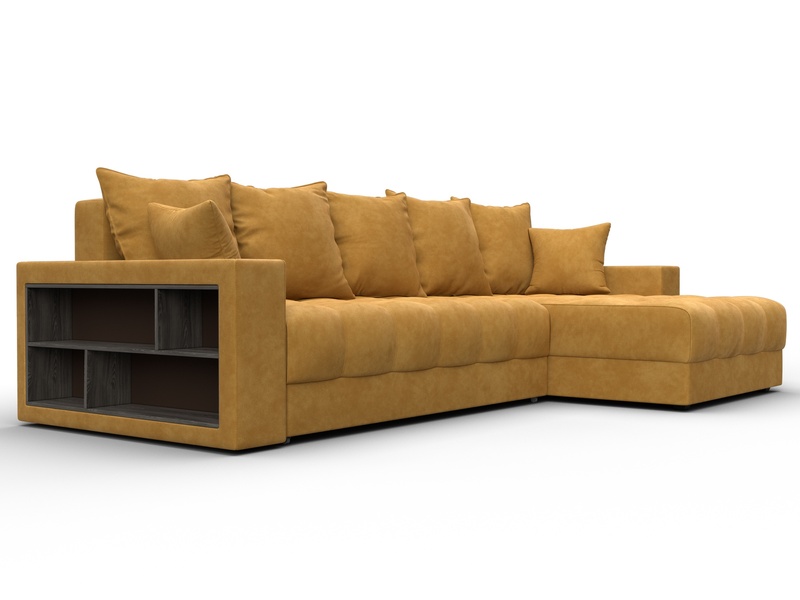 Диван угловой с декором и полкой Лига-050 НПБ, Велюр, BRUT 10 желтый