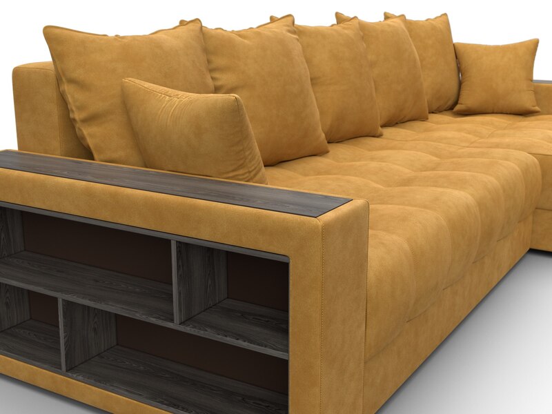 Диван угловой с декором и полкой Лига-050 НПБ, Велюр, BRUT 10 желтый