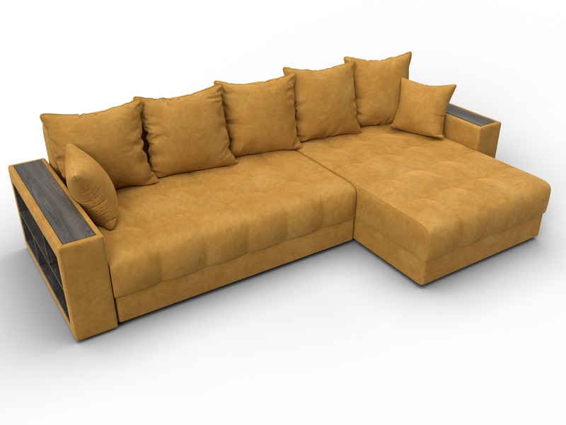 Диван угловой с декором и полкой Лига-050 НПБ, Велюр, BRUT 10 желтый