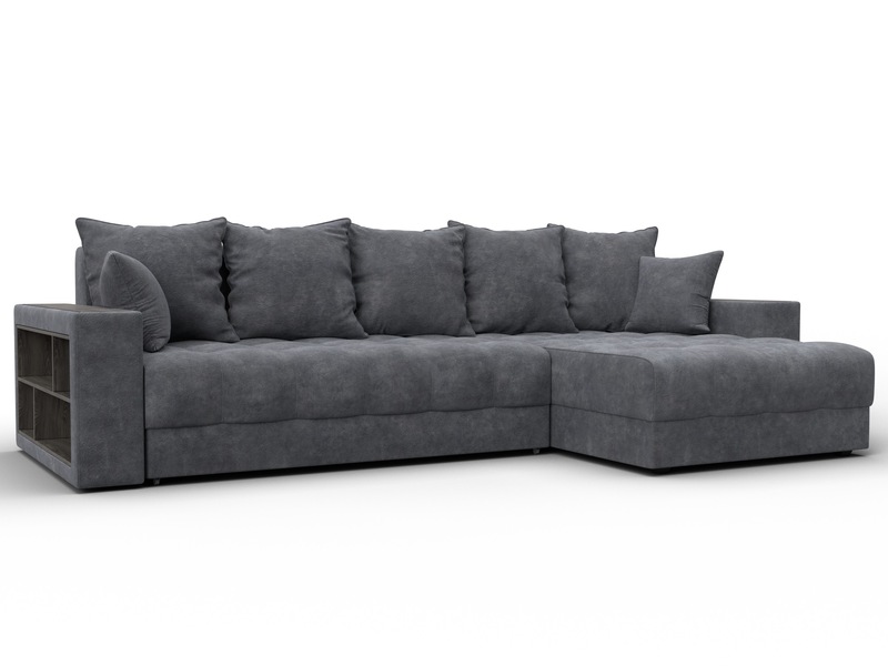 Диван угловой с декором и полкой Лига-050 НПБ, Велюр, BRUT 16 темно-серый