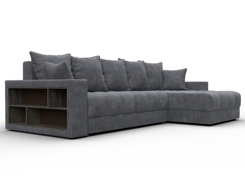 Диван угловой с декором и полкой Лига-050 НПБ, Велюр, BRUT 16 темно-серый