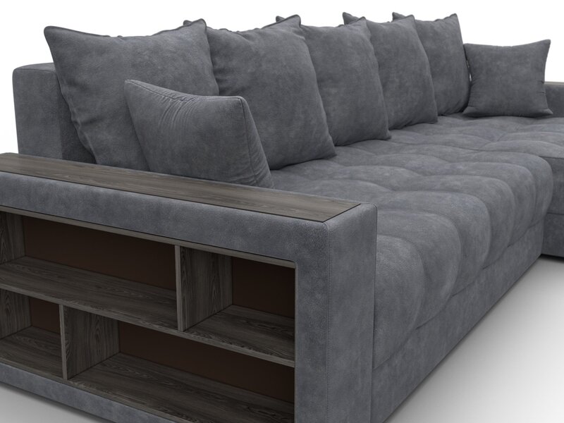 Диван угловой с декором и полкой Лига-050 НПБ, Велюр, BRUT 16 темно-серый