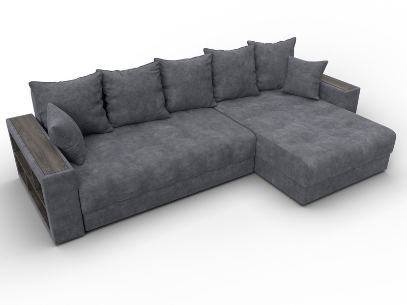 Диван угловой с декором и полкой Лига-050 НПБ, Велюр, BRUT 16 темно-серый