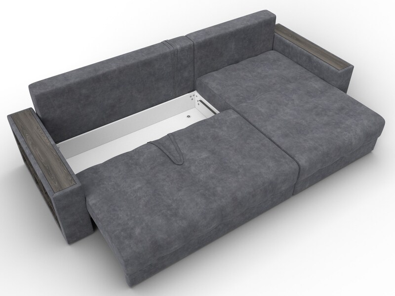 Диван угловой с декором и полкой Лига-050 НПБ, Велюр, BRUT 16 темно-серый