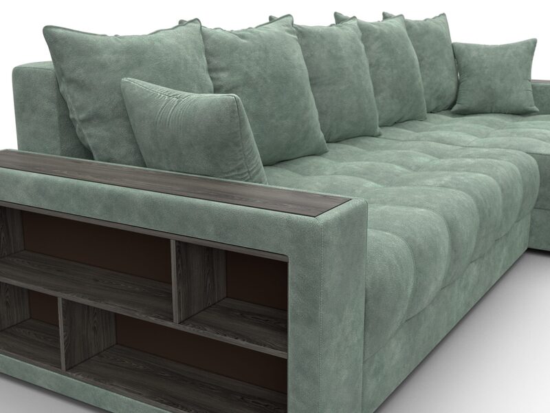 Диван угловой с декором и полкой Лига-050 НПБ, Велюр, BRUT 08 зеленый