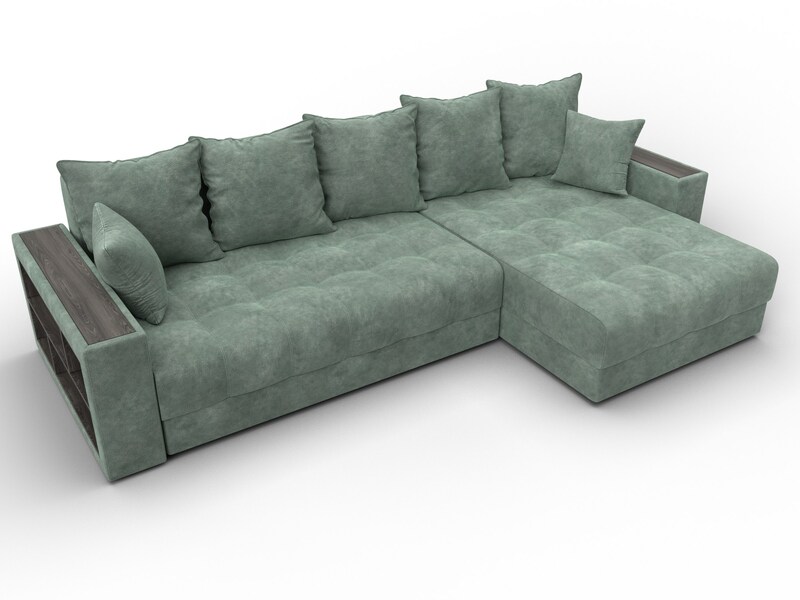 Диван угловой с декором и полкой Лига-050 НПБ, Велюр, BRUT 08 зеленый