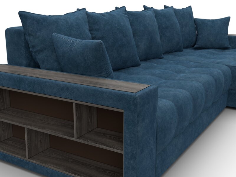 Диван угловой с декором и полкой Лига-050 НПБ, Велюр, BRUT 11 синий