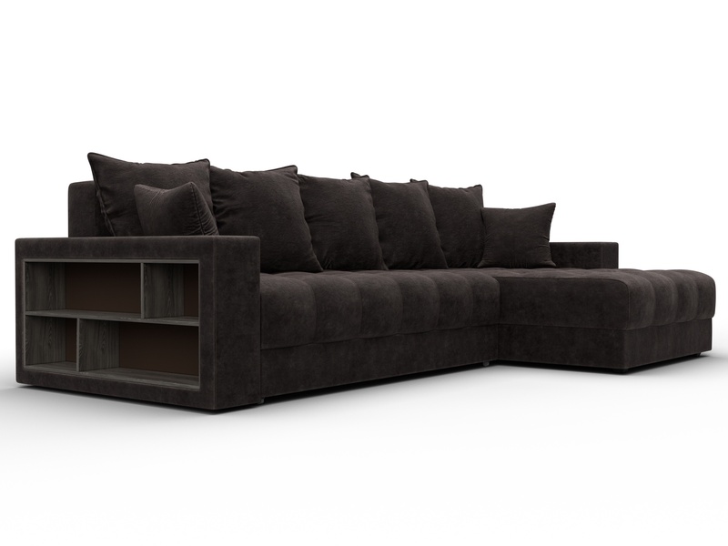 Диван угловой с декором и полкой Лига-050 НПБ, Велюр, BRUT 17 коричневый