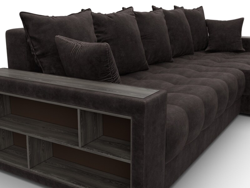 Диван угловой с декором и полкой Лига-050 НПБ, Велюр, BRUT 17 коричневый