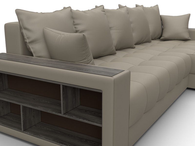 Диван угловой с декором и полкой Лига-050 НПБ, Экокожа, GRIFON 04 бежевый