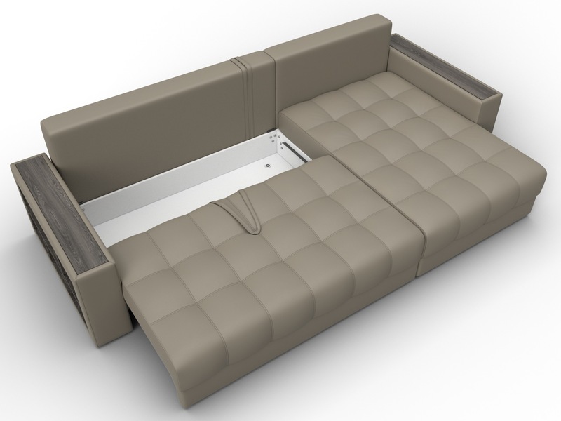 Диван угловой с декором и полкой Лига-050 НПБ, Экокожа, GRIFON 04 бежевый