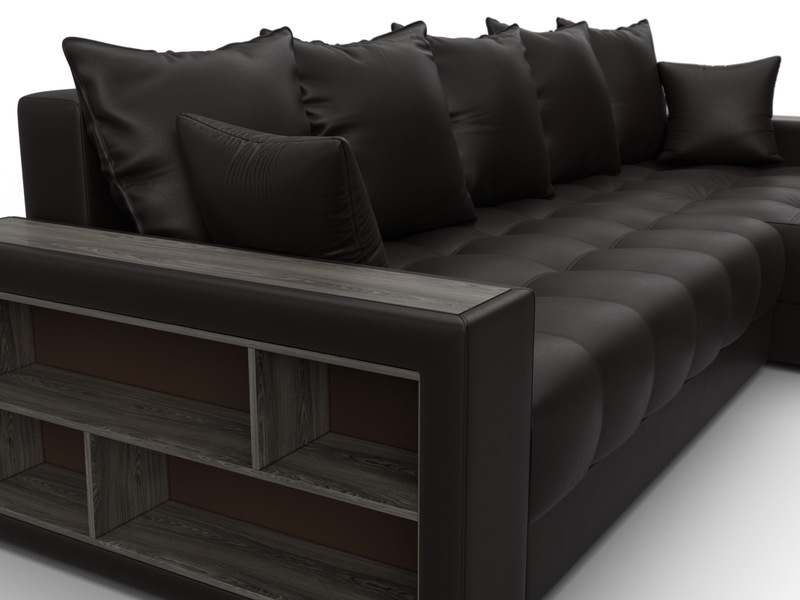 Диван угловой с декором и полкой Лига-050 НПБ, Экокожа, GRIFON 12 коричневый