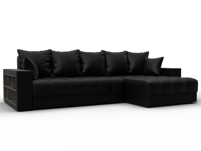 Диван угловой с декором и полкой Лига-050 НПБ, Экокожа, GRIFON 18 черный