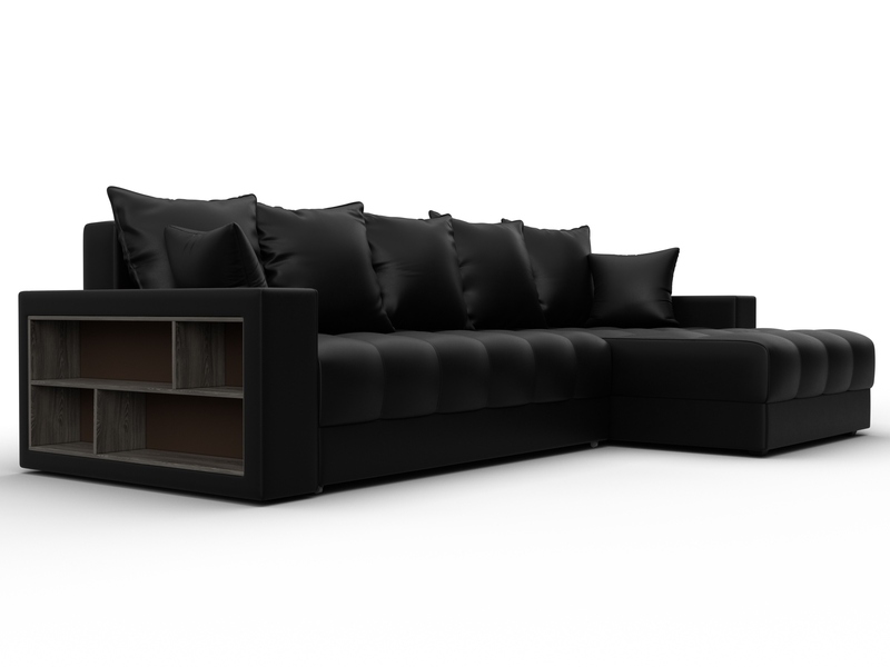 Диван угловой с декором и полкой Лига-050 НПБ, Экокожа, GRIFON 18 черный