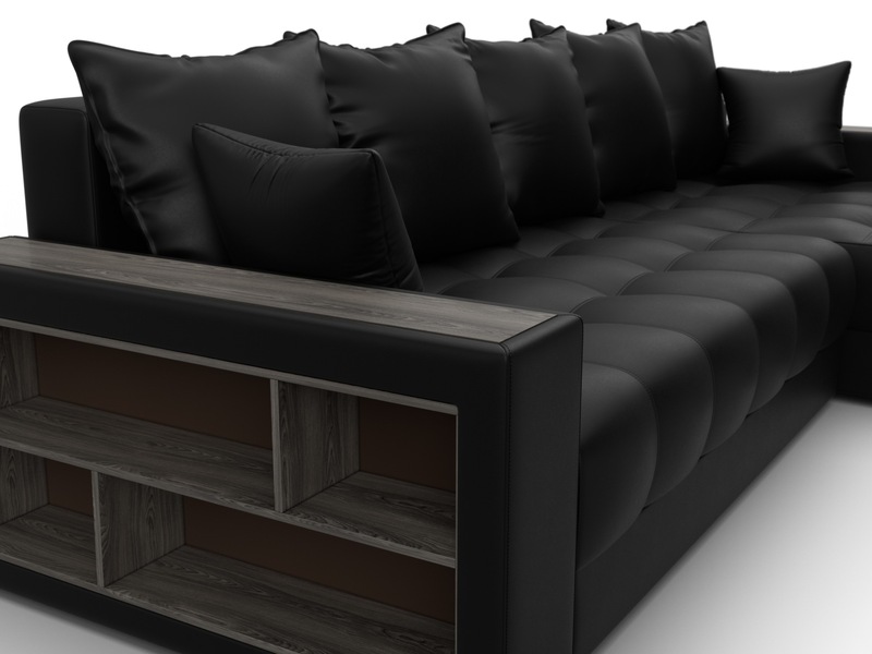 Диван угловой с декором и полкой Лига-050 НПБ, Экокожа, GRIFON 18 черный