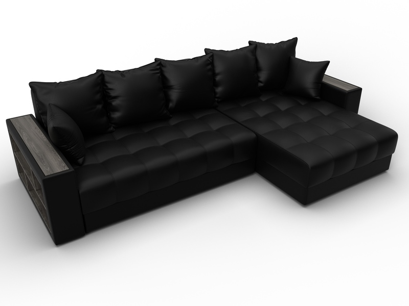 Диван угловой с декором и полкой Лига-050 НПБ, Экокожа, GRIFON 18 черный