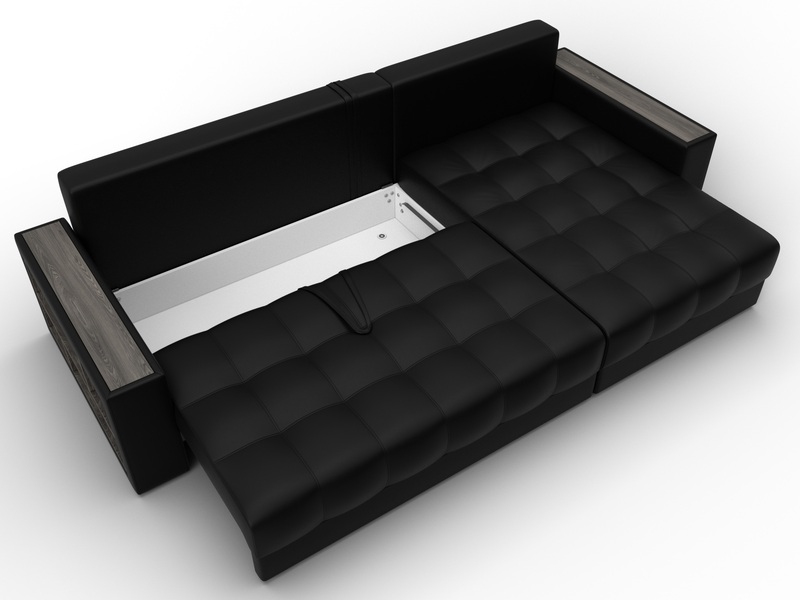 Диван угловой с декором и полкой Лига-050 НПБ, Экокожа, GRIFON 18 черный