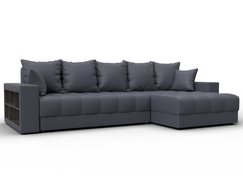 Диван угловой с декором и полкой Лига-050 НПБ, Экокожа, GRIFON 15 серый