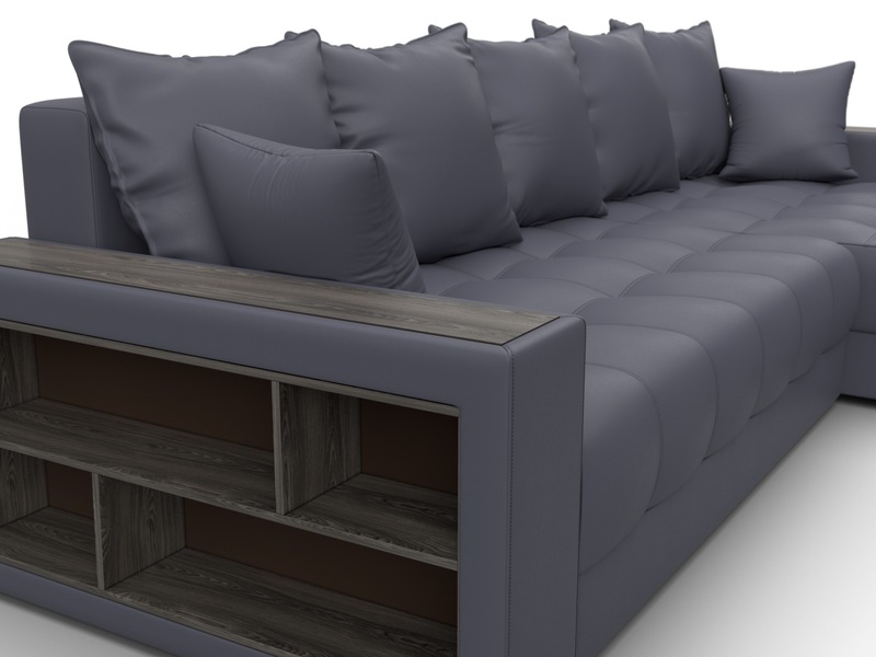 Диван угловой с декором и полкой Лига-050 НПБ, Экокожа, GRIFON 15 серый