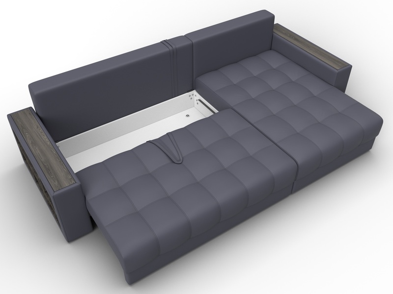 Диван угловой с декором и полкой Лига-050 НПБ, Экокожа, GRIFON 15 серый