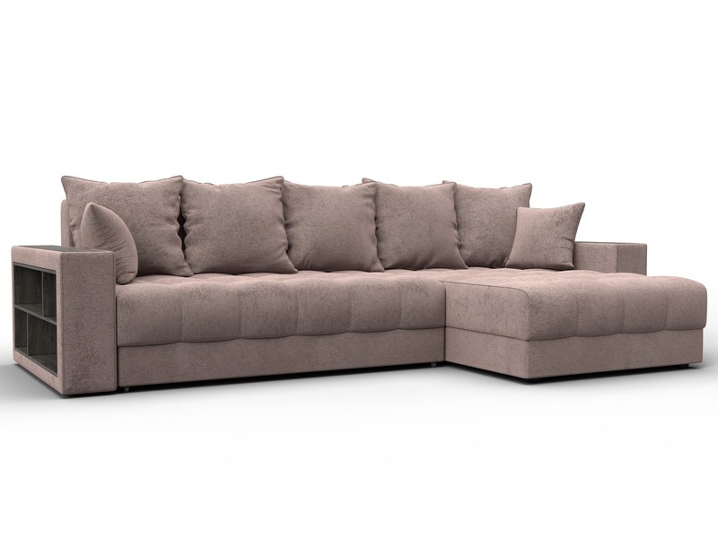 Диван угловой с декором и полкой Лига-050 НПБ, Велюр, TOWER 05 бежевый